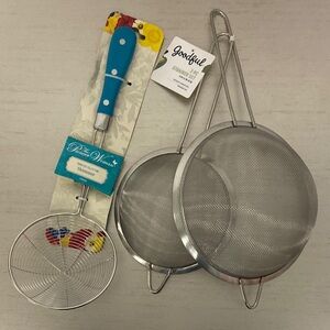 Stainless Steel Strainers,  Set of 3, Blue handle is Pioneer Woman, 2 Goodful